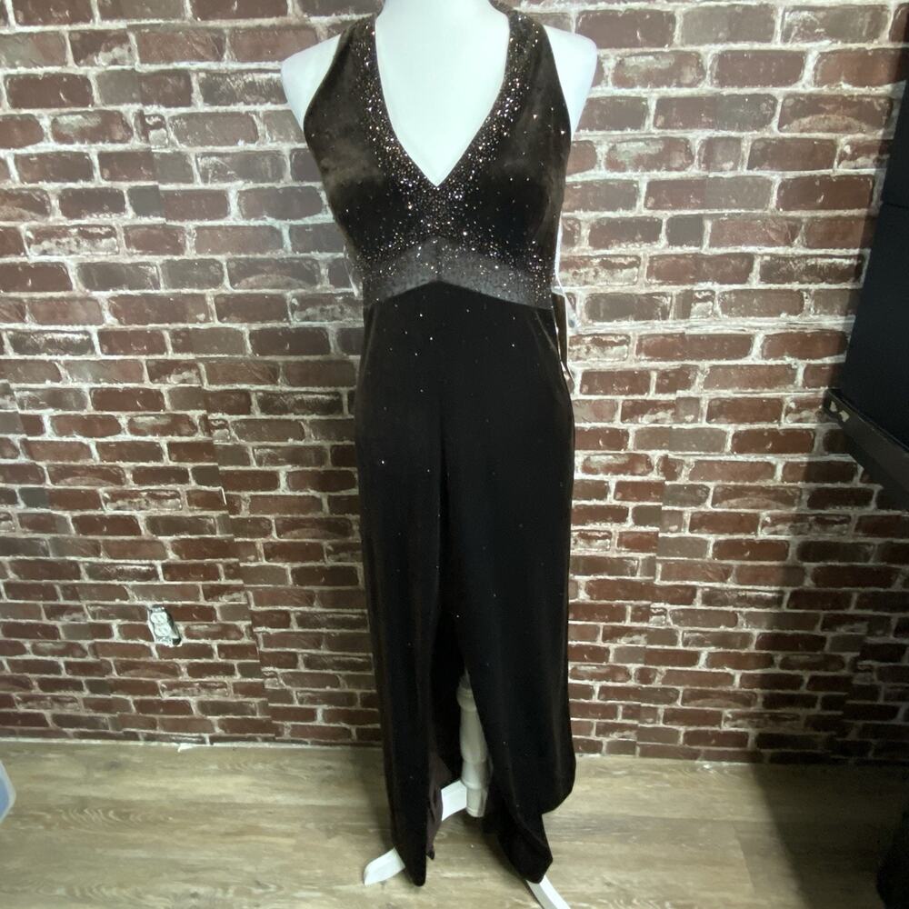 De Laru Dress Brown Maxi Dress Elegant Suede Like Open Back Glittery 13/14